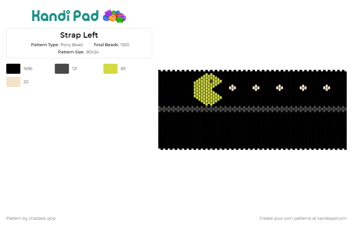 Strap Left - Pony Bead Pattern by chazzed_qtip on Kandi Pad - pacman,video game,arcade,golden era,classic,homage,vibrant,black