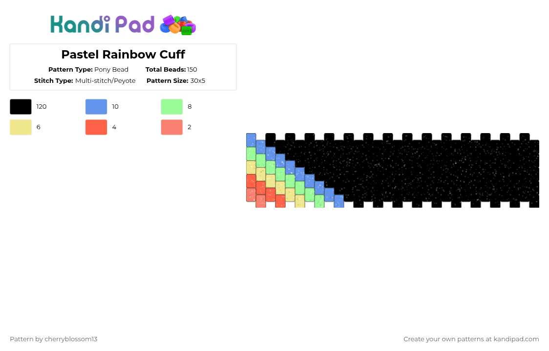 Pastel Rainbow Cuff - Pony Bead Pattern by cherryblossom13 on Kandi Pad - black,light blue,teal,yellow