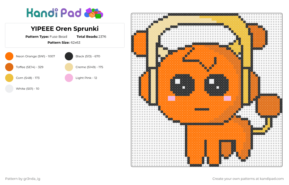 YIPEEE Oren Sprunki - Fuse Bead Pattern by gr3nda_ig on Kandi Pad - orange,sprunki,incredibox,music,game,oren,cute,kawaii