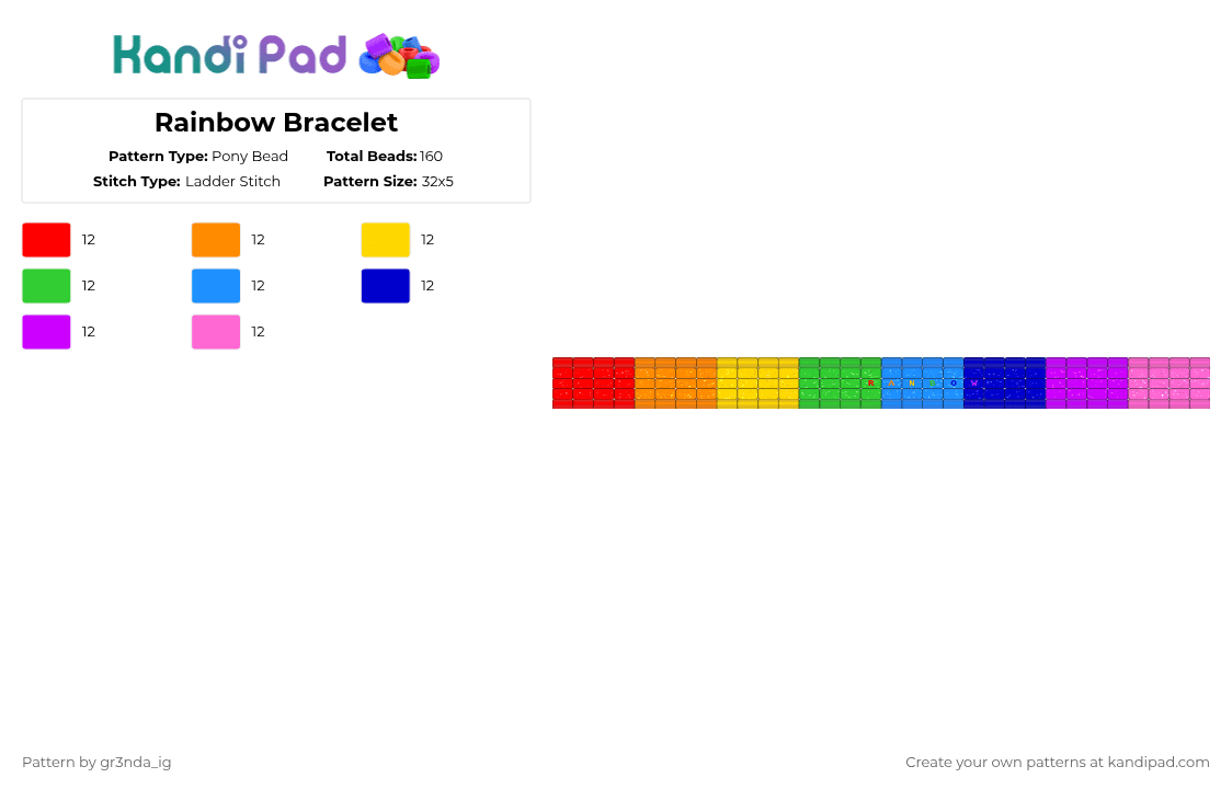 Rainbow Bracelet - Pony Bead Pattern by gr3nda_ig on Kandi Pad - purple,rainbow,colorful,glittery,bracelet,pearly,sparkly,cute