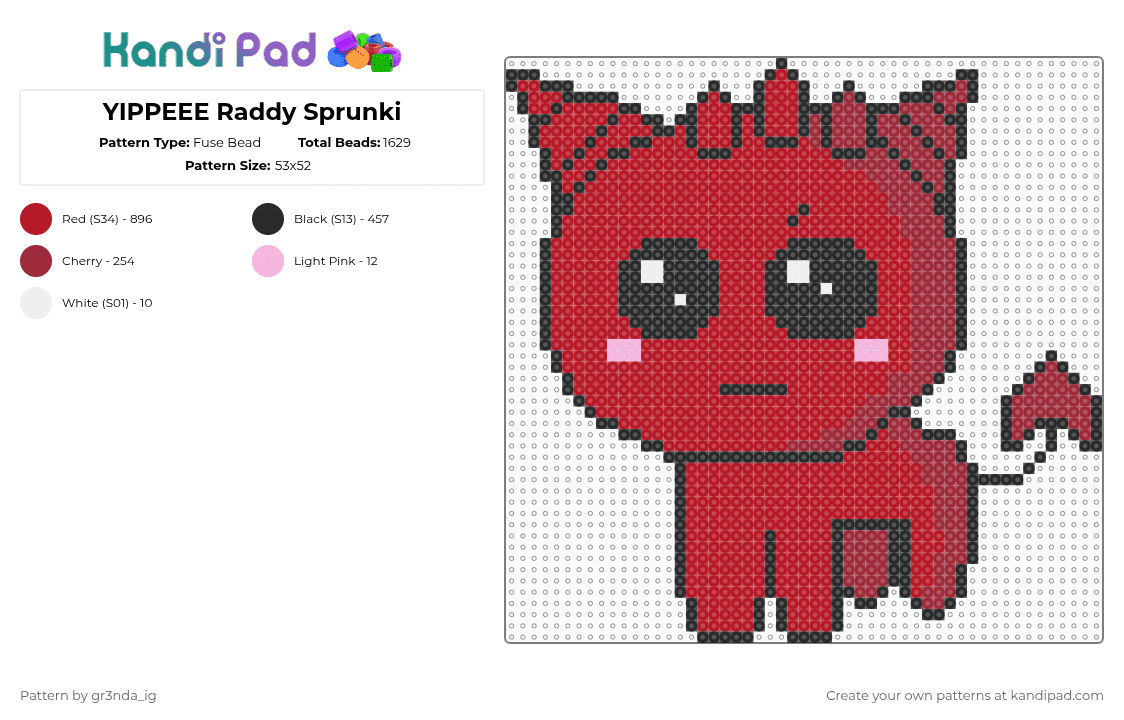 YIPPEEE Raddy Sprunki - Fuse Bead Pattern by gr3nda_ig on Kandi Pad - red,raddy,incredibox,music,cute,yippee,sprunki,kawaii