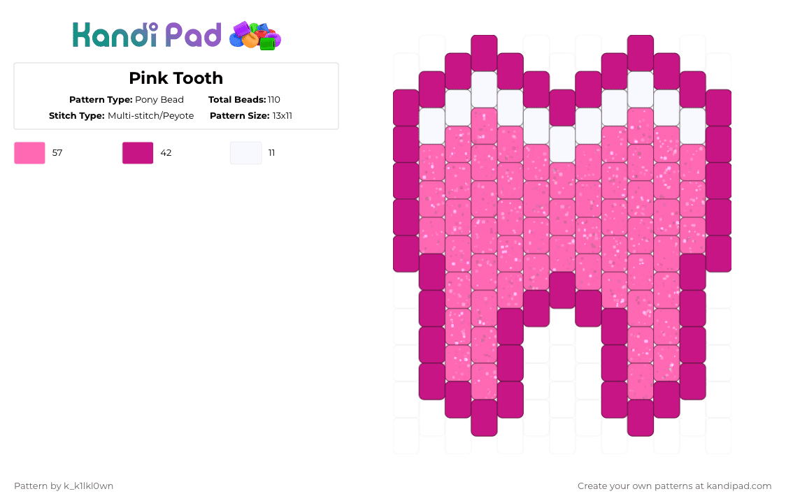 Pink Tooth - Pony Bead Pattern by k_k1lkl0wn on Kandi Pad - pink,tooth,teeth,kawaii