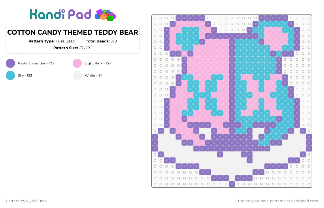 COTTON CANDY THEMED TEDDY BEAR - Fuse Bead Pattern by k_k1lkl0wn on Kandi Pad - blue,pink,light blue,cotdcottoncandy,cotton candy,purple,bear,teddy