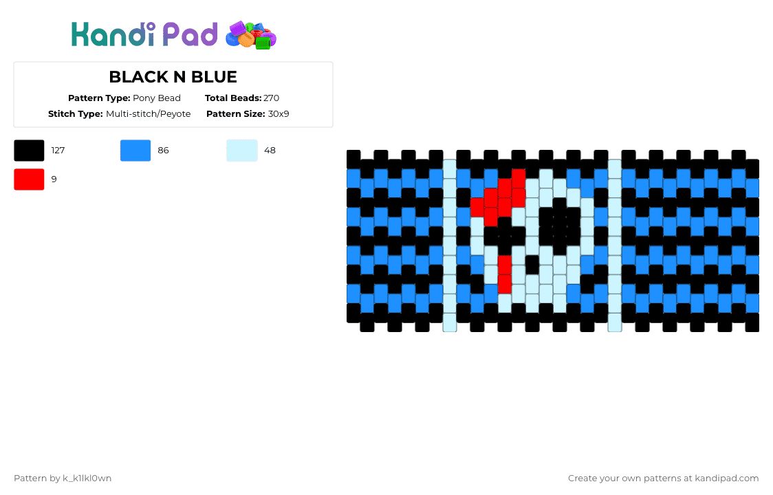 BLACK N BLUE - Pony Bead Pattern by k_k1lkl0wn on Kandi Pad - light blue,skull,scenecore,black,blue,blood,multistitch