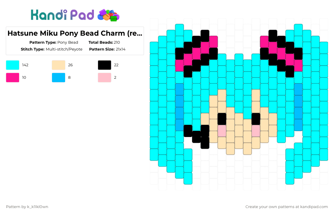Hatsune Miku Pony Bead Charm (request) - Pony Bead Pattern by k_k1lkl0wn on Kandi Pad - hatsune miku,miku,hatsune,cyan,blue,vocaloid
