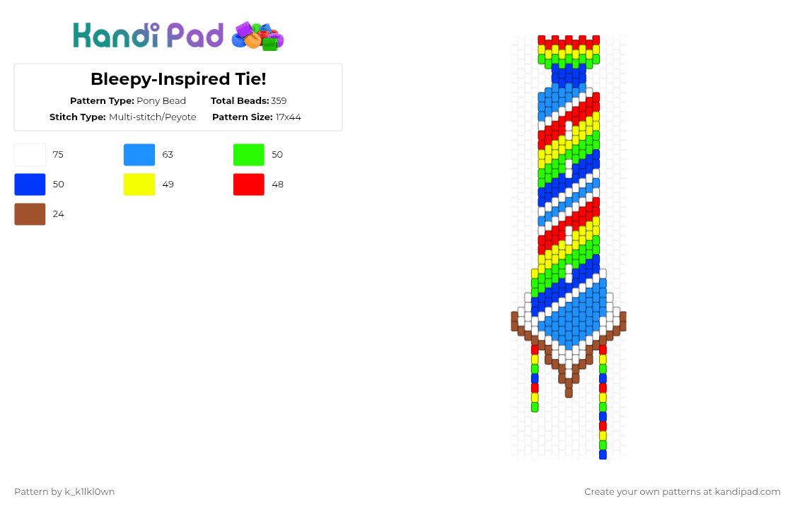 Bleepy-Inspired Tie! - Pony Bead Pattern by k_k1lkl0wn on Kandi Pad - red,light blue,bleepy,tie,multicolor,blue