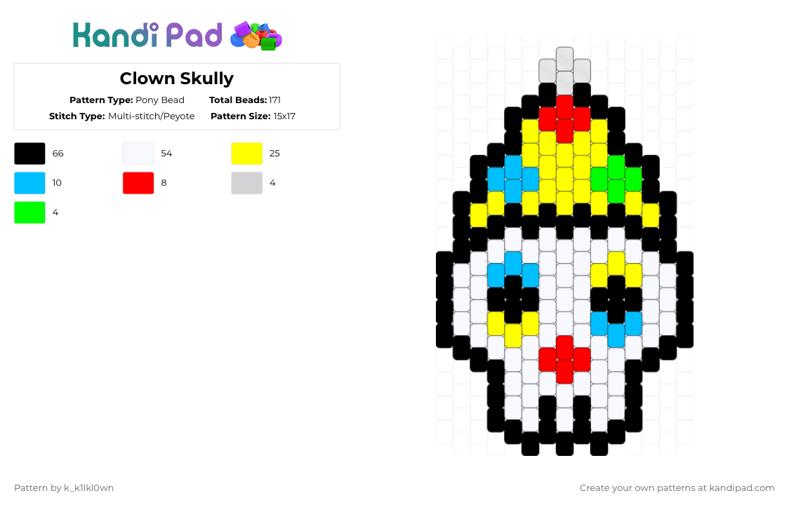 Clown Skully - Pony Bead Pattern by k_k1lkl0wn on Kandi Pad - white,yellow,clown,skull