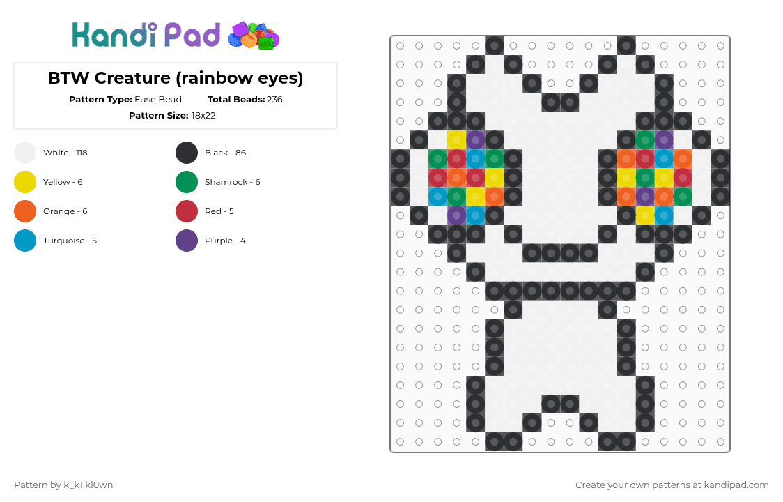 BTW Creature (rainbow eyes) - Fuse Bead Pattern by k_k1lkl0wn on Kandi Pad - white,green,light blue,colorful,adhd,btw,creature,btw creature,rainbow,scatter