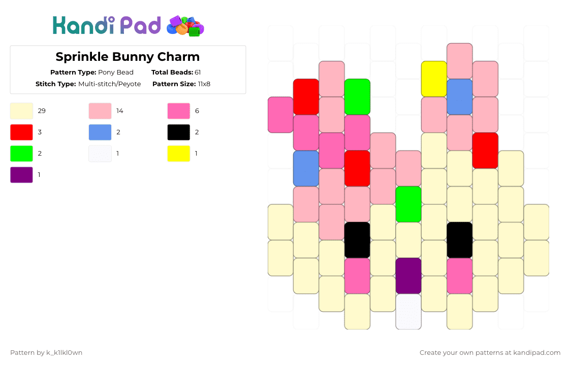 Sprinkle Bunny Charm - Pony Bead Pattern by k_k1lkl0wn on Kandi Pad - yellow,pink,sprinkle,sprinkles,cake,bunny,silly