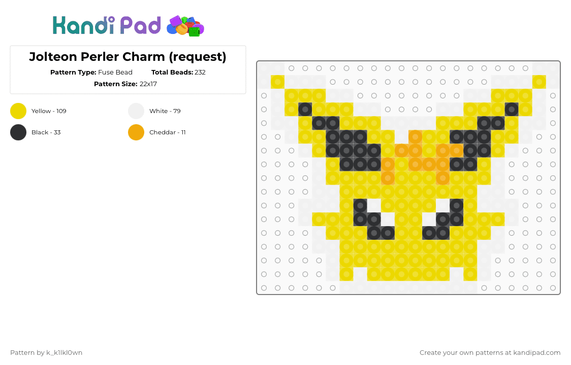 Jolteon Perler Charm (request) - Fuse Bead Pattern by k_k1lkl0wn on Kandi Pad - jolteon,pokemon,charm,yellow,black,white