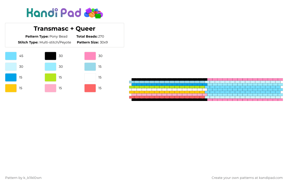 Transmasc + Queer - Pony Bead Pattern by k_k1lkl0wn on Kandi Pad - light blue,pink,peyote,pride,lgbt,lgbtq,queer,transmasc,cuff