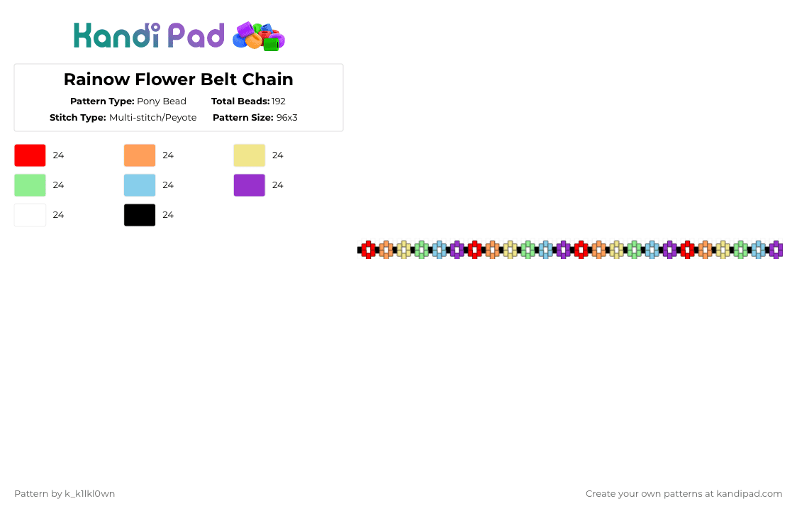 Rainbow Flower Belt Chain - Pony Bead Pattern by k_k1lkl0wn on Kandi Pad - flowers,flower,rainbow,belt,chain,belt chain,simple,multi