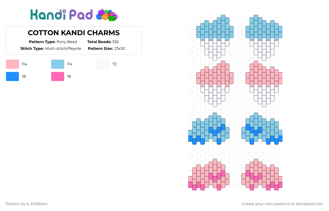 COTTON KANDI CHARMS - Pony Bead Pattern by k_k1lkl0wn on Kandi Pad - pink,light blue,cotton candy,blue,charms,small,peyote,cotdcottoncandy