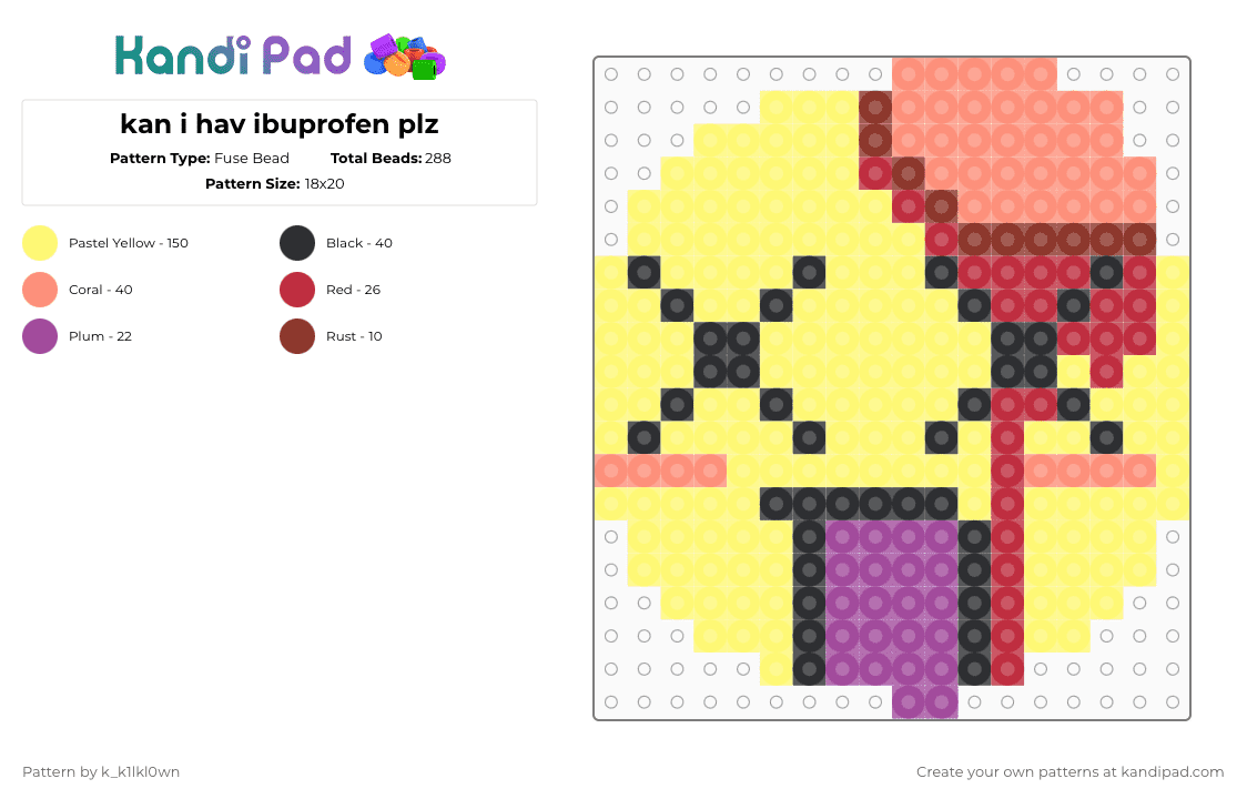 kan i hav ibuprofen plz - Fuse Bead Pattern by k_k1lkl0wn on Kandi Pad - yellow,pin,emoji,face,gore,brain,blood,silly