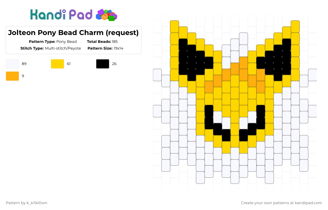 Jolteon Pony Bead Charm (request) - Pony Bead Pattern by k_k1lkl0wn on Kandi Pad - jolteon,pokemon,charm,yellow,black,white