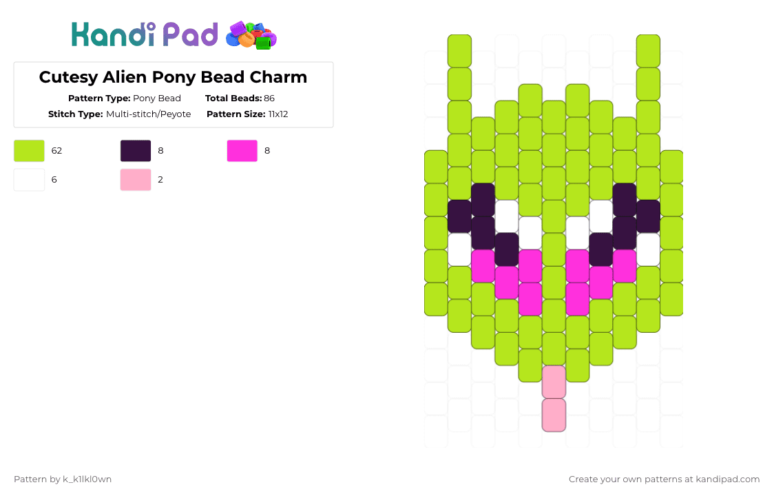 Cutesy Alien Pony Bead Charm - Pony Bead Pattern by k_k1lkl0wn on Kandi Pad - green,alien,kawaii,cutesy,purple,pink,silly