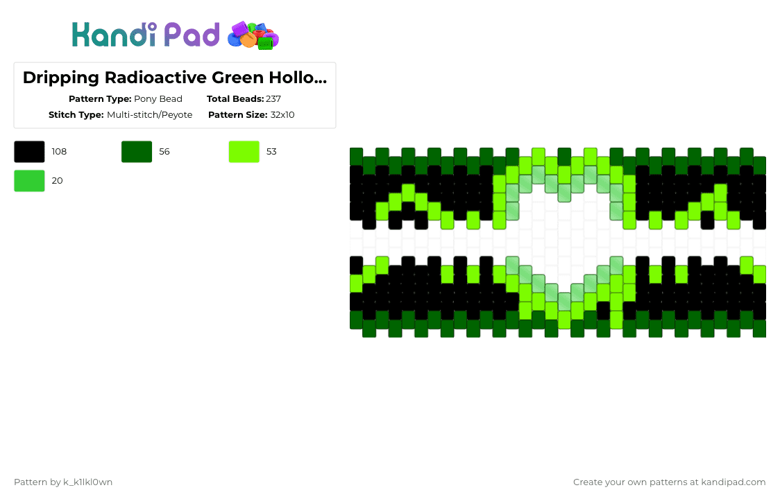 Dripping Radioactive Green Hollow Heart Cuff - Pony Bead Pattern by k_k1lkl0wn on Kandi Pad - black,green,clear,hollow,heart,dripping,multistitch