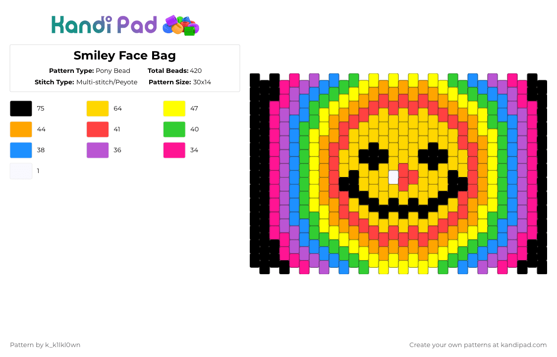 Smiley Face Bag - Pony Bead Pattern by k_k1lkl0wn on Kandi Pad - pink,yellow,purse,bag,panel,smiley face,smile,rainbow,multicolor