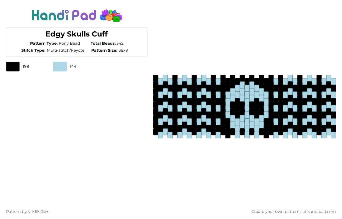 Edgy Skulls Cuff - Pony Bead Pattern by k_k1lkl0wn on Kandi Pad - black,light blue,skulls,edgy,white
