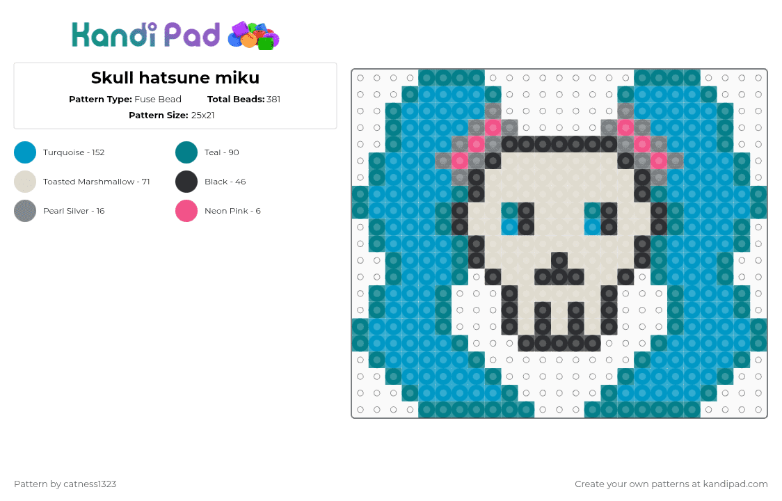 Skull hatsune miku - Fuse Bead Pattern by catness1323 on Kandi Pad - teal,light blue,beige,skull,miku,hatsune miku,blue,pink,turquoise,white,skeleton