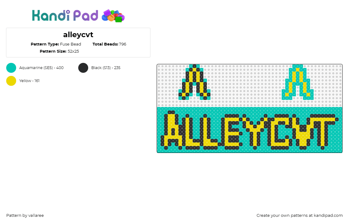 alleycvt - Fuse Bead Pattern by vallaree on Kandi Pad - alleycvt,logo,dj,music,edm,sign,teal,yellow