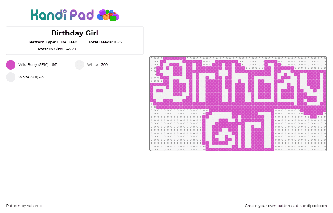 Birthday Girl - Fuse Bead Pattern by vallaree on Kandi Pad - birthday girl,text,sign,celebration,pink,white