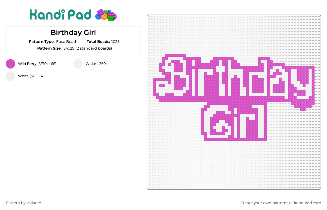Birthday Girl - Fuse Bead Pattern by vallaree on Kandi Pad - birthday girl,text,sign,celebration,pink,white