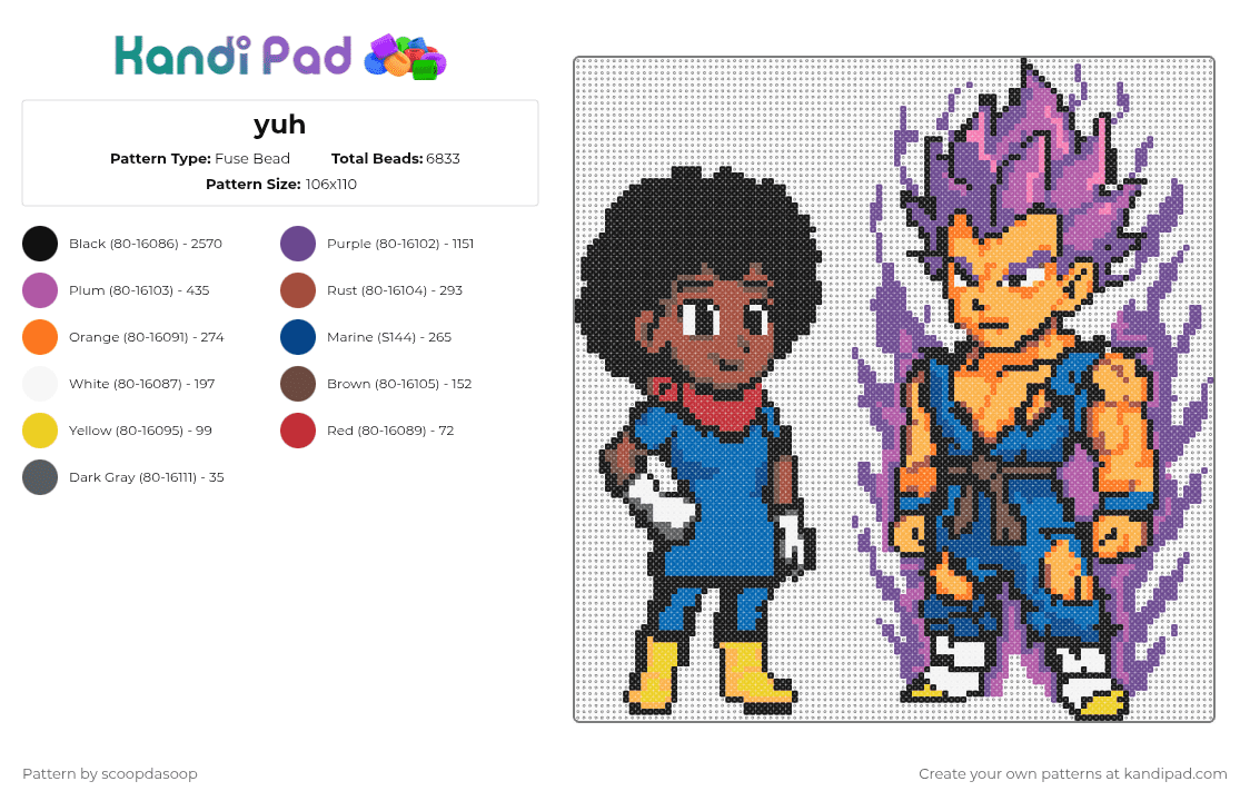 yuh - Fuse Bead Pattern by scoopdasoop on Kandi Pad - vegeta,dragon ball z,character,super saiyan,yuhyuh,image,anime,pink,purple,orange,blue
