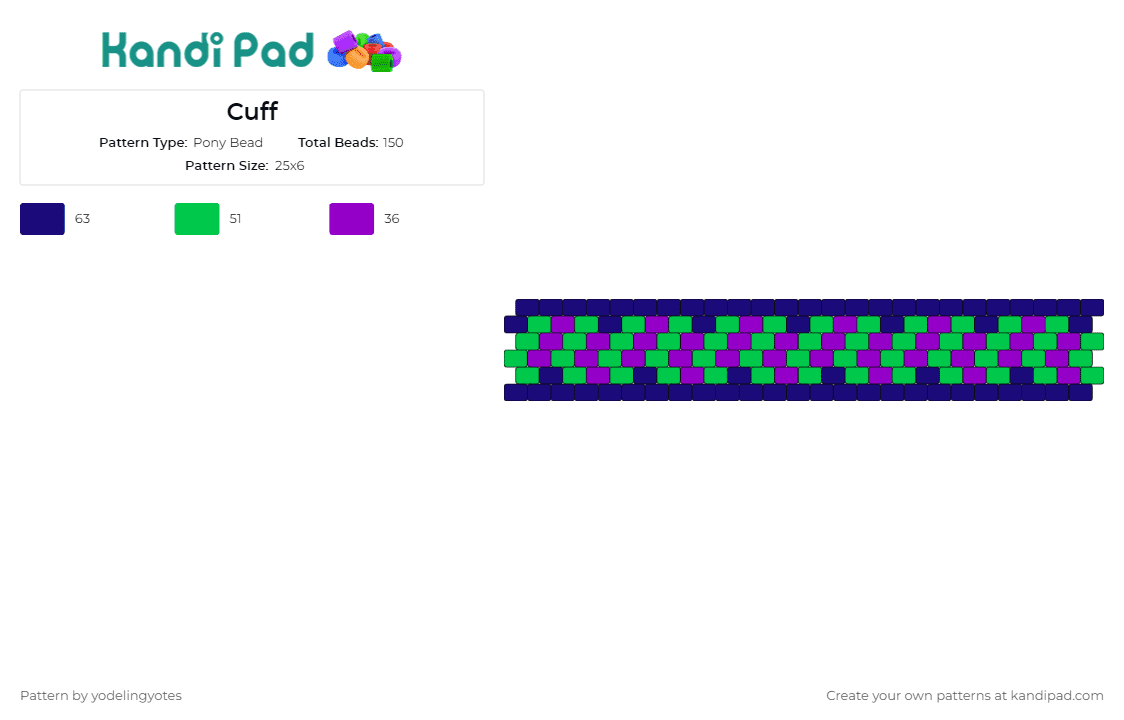 Cuff - Pony Bead Pattern by yodelingyotes on Kandi Pad - geometric,cuff,harmonious,shapes,modern,structured,wearable art,element,green,purple