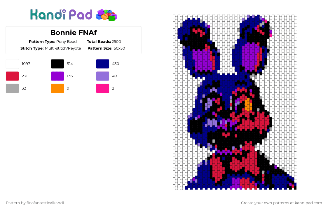Bonnie FNAf - Pony Bead Pattern by finsfantasticalkandi on Kandi Pad - white,purple,red
