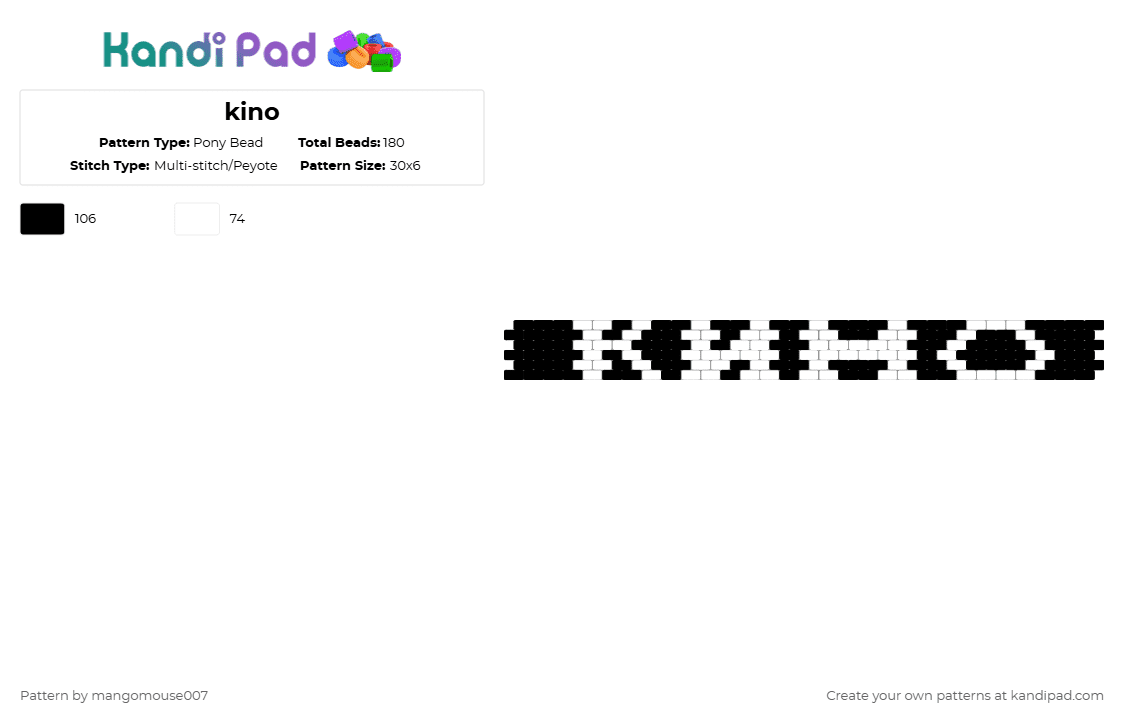 kino - Pony Bead Pattern by mangomouse007 on Kandi Pad - black, kino band, white
