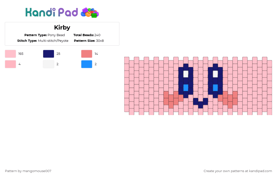 Kirby - Pony Bead Pattern by mangomouse007 on Kandi Pad - kirby,face,cuff,nintendo,cute,video game,gaming,pink