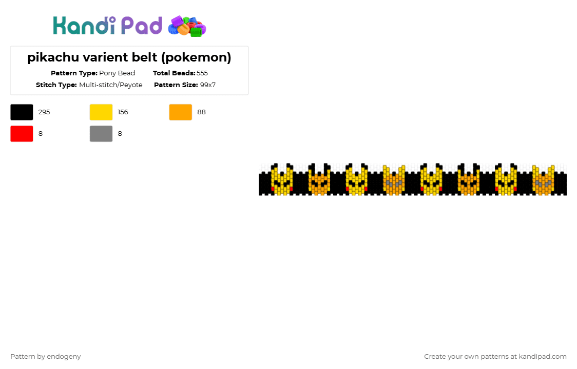 pikachu varient belt (pokemon) - Pony Bead Pattern by endogeny on Kandi Pad - black,yellow,orange