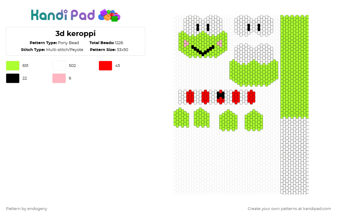 3d keroppi - Pony Bead Pattern by endogeny on Kandi Pad - green