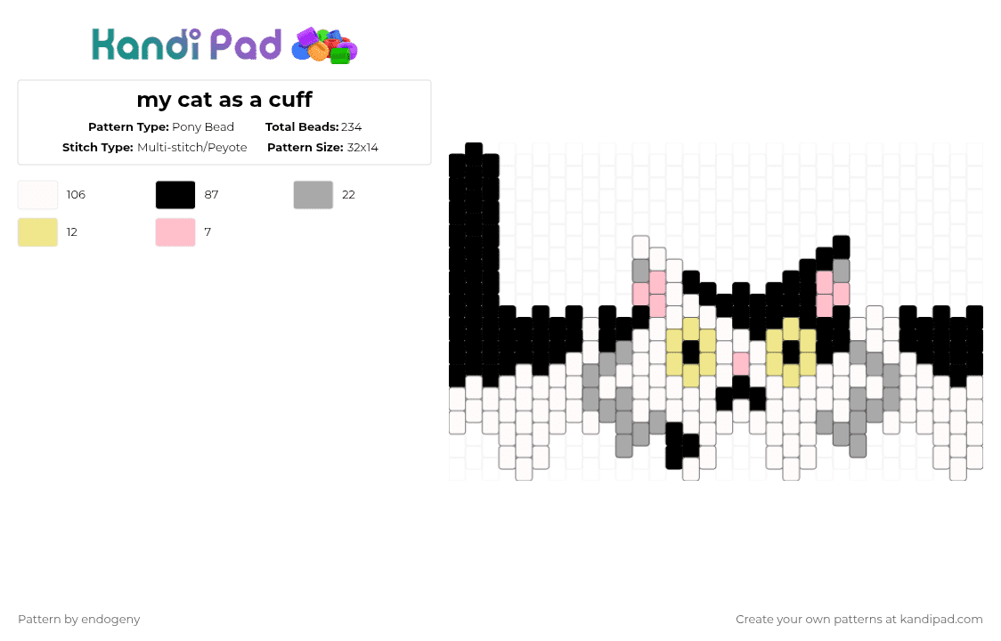 my cat as a cuff - Pony Bead Pattern by endogeny on Kandi Pad - white,beige
