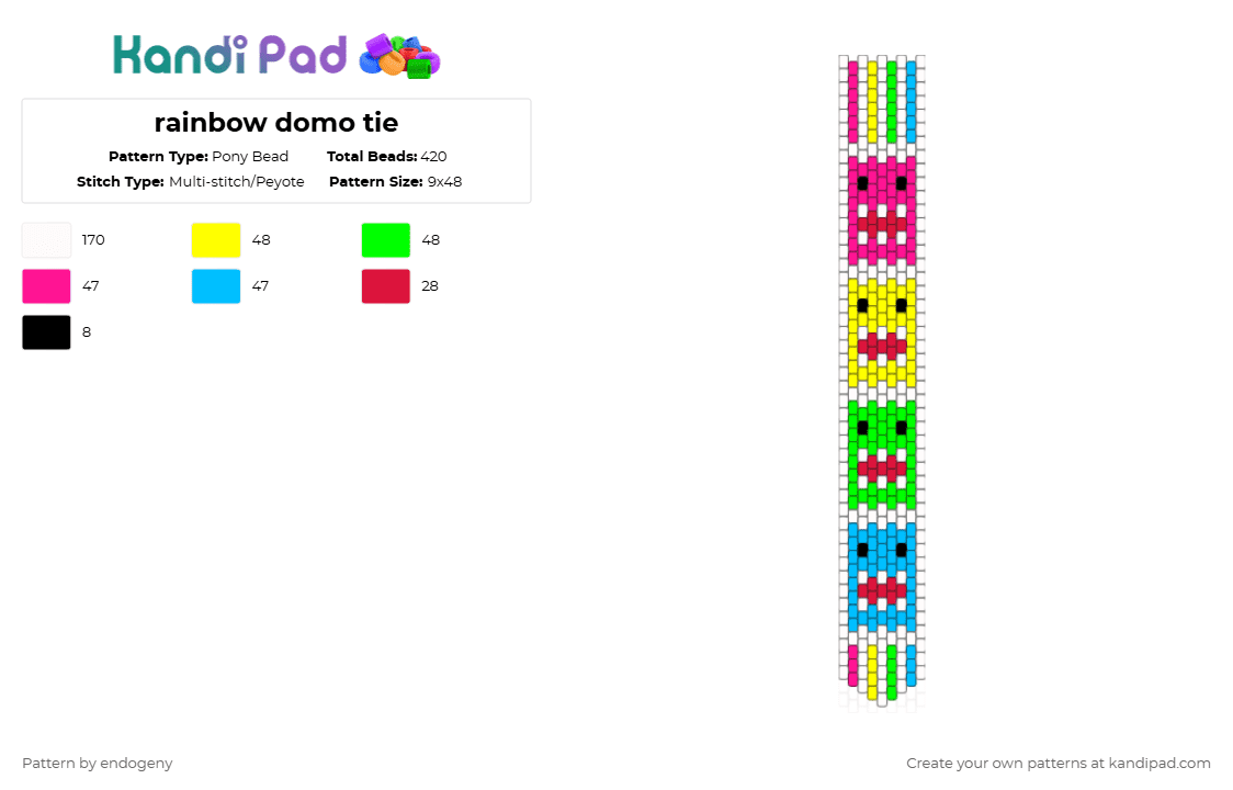 rainbow domo tie - Pony Bead Pattern by endogeny on Kandi Pad - white,yellow,light blue,colorful