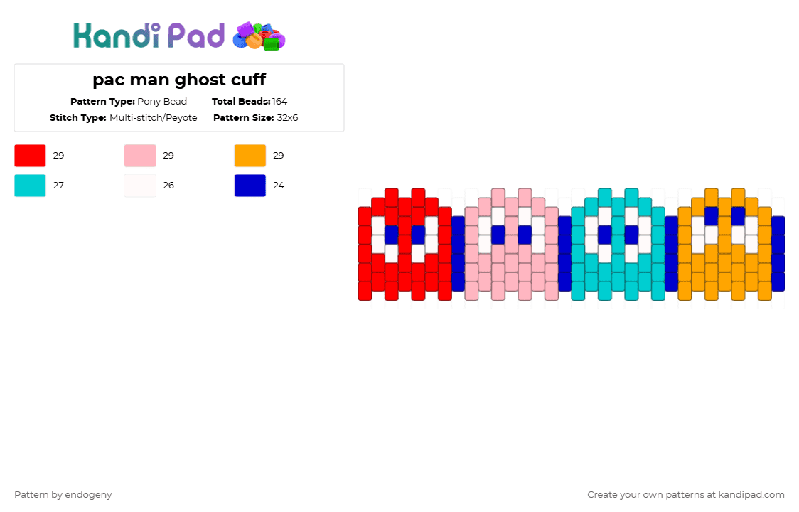 pac man ghost cuff - Pony Bead Pattern by endogeny on Kandi Pad - red,pink,light blue,orange