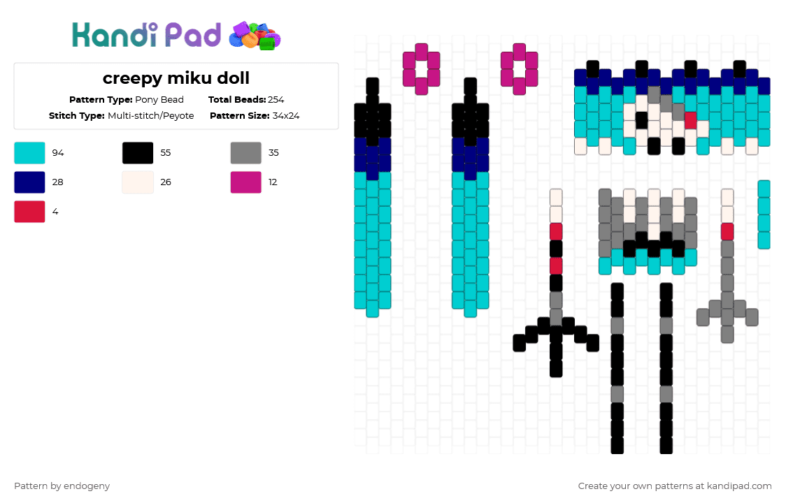 creepy miku doll - Pony Bead Pattern by endogeny on Kandi Pad - light blue,gray