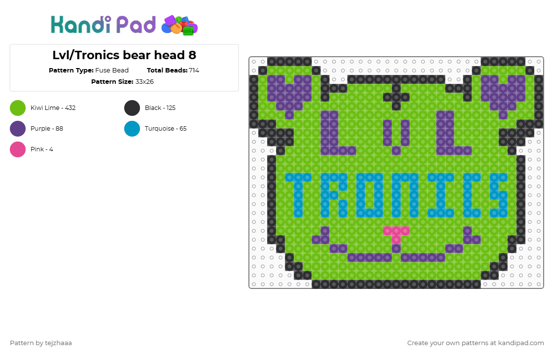 Lvl/Tronics bear head - Fuse Bead Pattern by tejzhaaa on Kandi Pad - dj, edm, green, head, level up, leveltronics, music, subtronics, teddy
