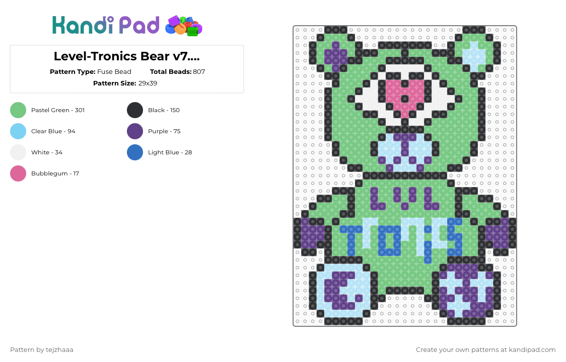 Level-Tronics Bear v7.... - Fuse Bead Pattern by tejzhaaa on Kandi Pad - leveltronics,level up,subtronics,teddy,dj,edm,music,teal