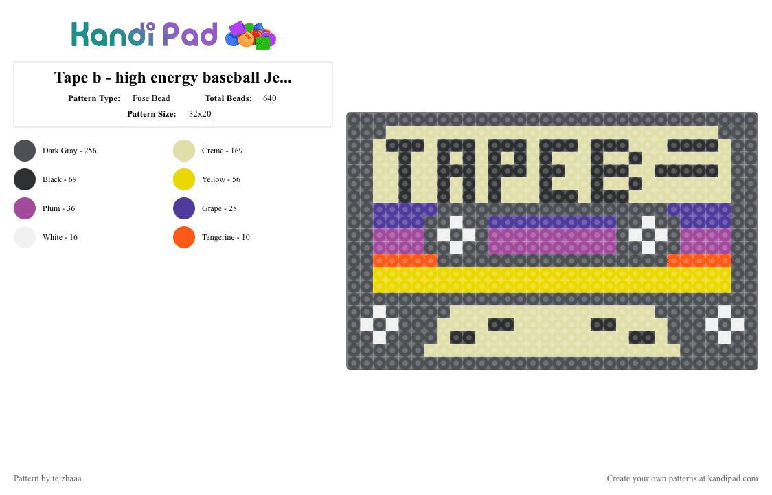 Tape b - cream & purple low frequencies baseball Jersey inspired - Fuse Bead Pattern by tejzhaaa on Kandi Pad - gray,yellow
