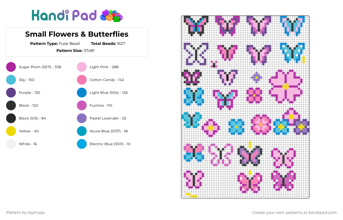 Small Flowers & Butterflies - Fuse Bead Pattern by tejzhaaa on Kandi Pad - pink