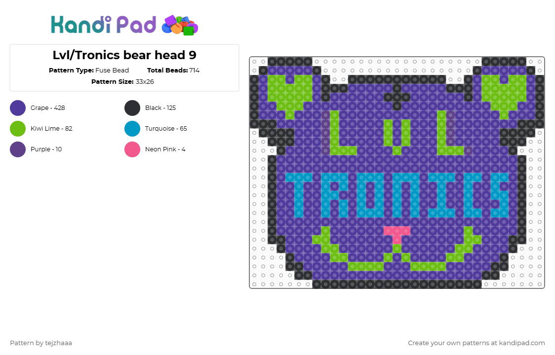 Lvl/Tronics bear head 9 - Fuse Bead Pattern by tejzhaaa on Kandi Pad - leveltronics,level up,subtronics,teddy,head,dj,music,edm,purple