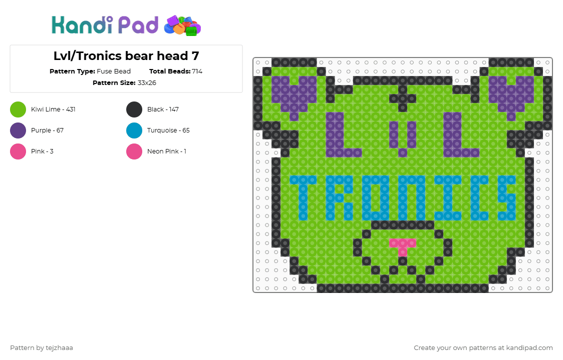 Lvl/Tronics bear head 7 - Fuse Bead Pattern by tejzhaaa on Kandi Pad - leveltronics,level up,subtronics,teddy,head,dj,music,edm,green
