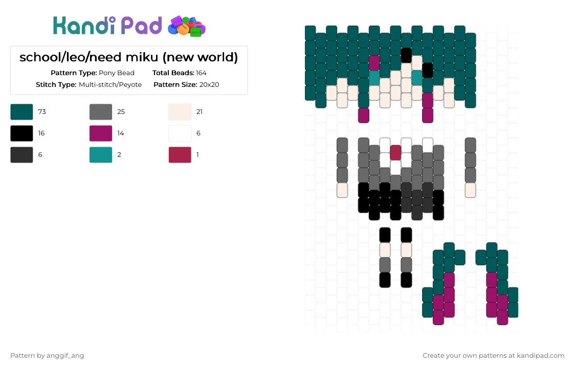 school/leo/need miku doll (new world) - Pony Bead Pattern by anggif_ang on Kandi Pad - gray,leoneed,pjsk,colorfulstage,miku,doll