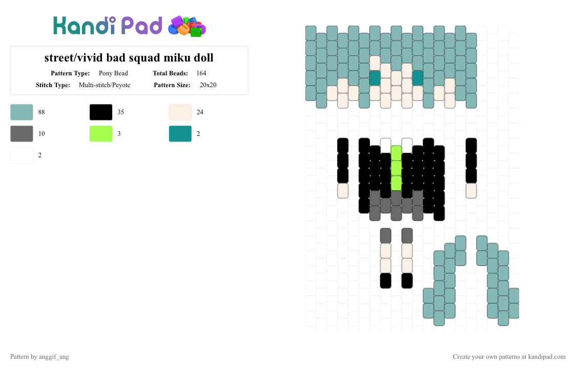 street/vivid bad squad miku doll (new world) - Pony Bead Pattern by anggif_ang on Kandi Pad - teal,pjsk,colorfulstage,miku,doll,vivid bad squad
