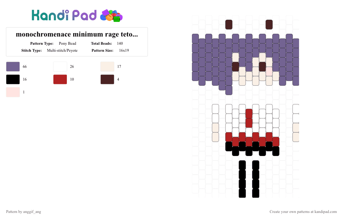 monochromenace minimum rage teto doll - Pony Bead Pattern by anggif_ang on Kandi Pad - purple,monochro menace,teto,kasane,purple teto,song,minimum rage,doll