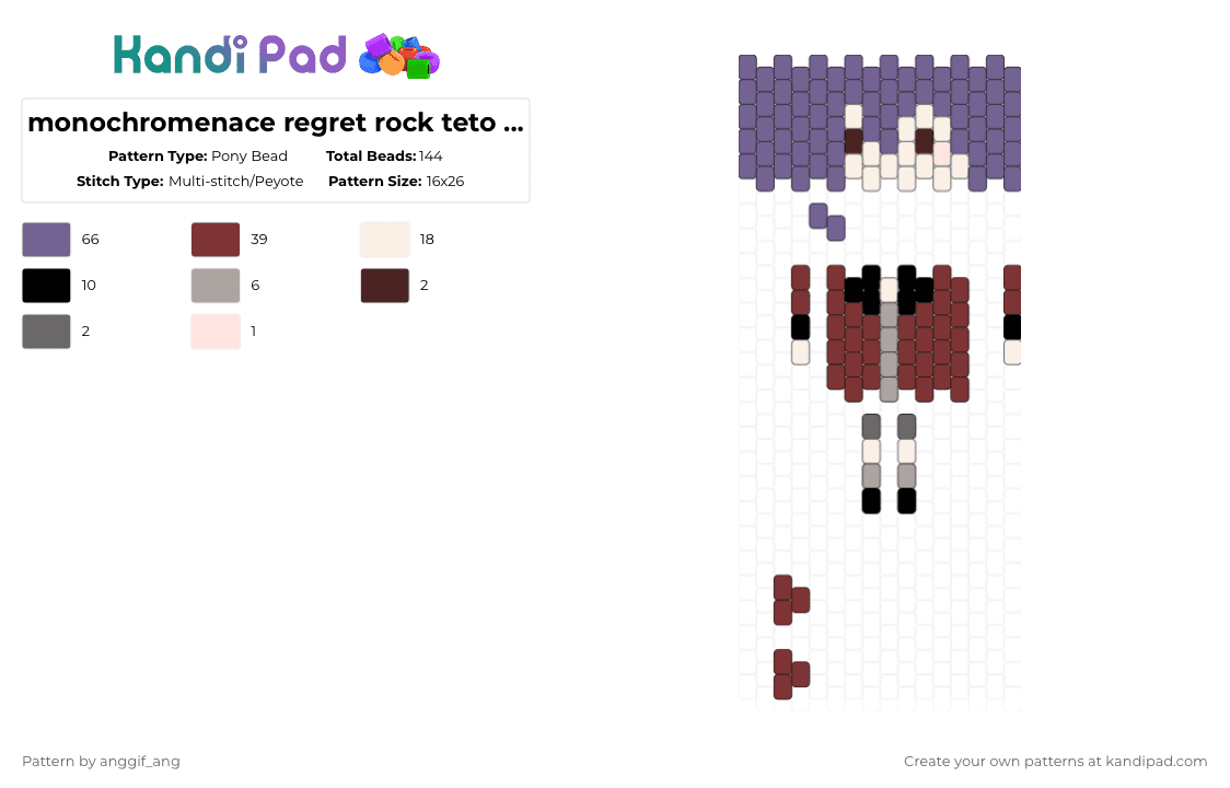 monochromenace regret rock teto doll - Pony Bead Pattern by anggif_ang on Kandi Pad - purple,brown,monochro menace,teto,kasane,purple teto,song,regret rock