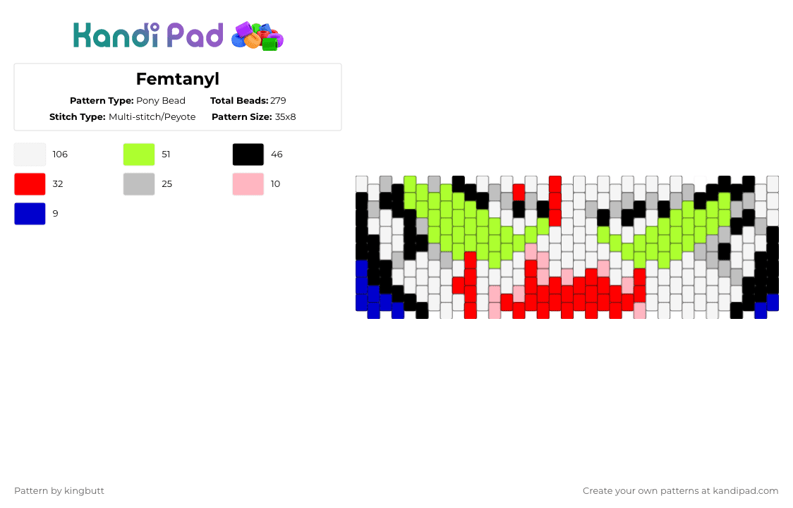 Femtanyl - Pony Bead Pattern by kingbutt on Kandi Pad - white,beige,red,green