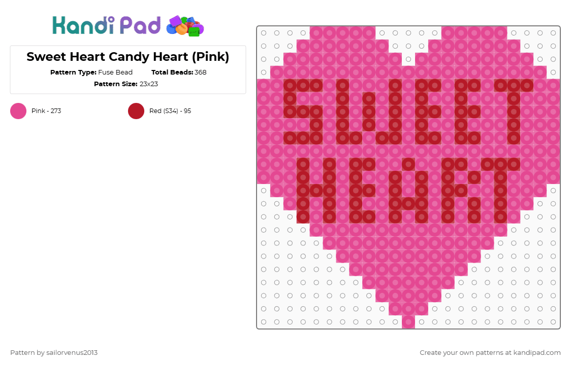Sweet Heart Candy Heart (Pink) - Fuse Bead Pattern by sailorvenus2013 on Kandi Pad - pink,heart,valentines day,holiday,love,candy,food,holidays